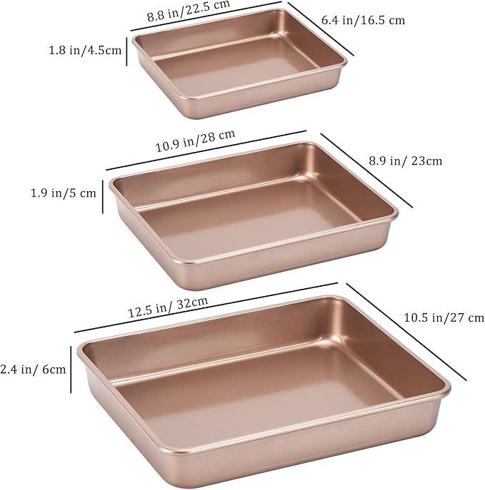 3-Pack Roasting Pan Set, Nonstick Baking Tray, Rectangular Bakeware for Oven, Non-Toxic Coating and Durable Quality (Champagne Gold)