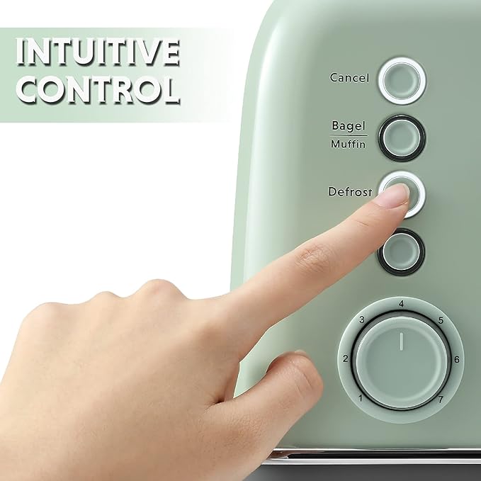 BUYDEEM DT620 2-Slice Toaster, Extra Wide Slots, Retro Stainless Steel with High Lift Lever, Bagel and Muffin Function, Removal Crumb Tray, 7-Shade Settings,Cozy Greenish