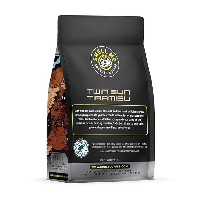 Bones Coffee Company Star Wars Twin Sun Tiramisu Flavored Coffee, Medium Roast Low Acid Arabica Beans Compatible with Auto drip and French Press Coffee Maker, 12 Oz Ground