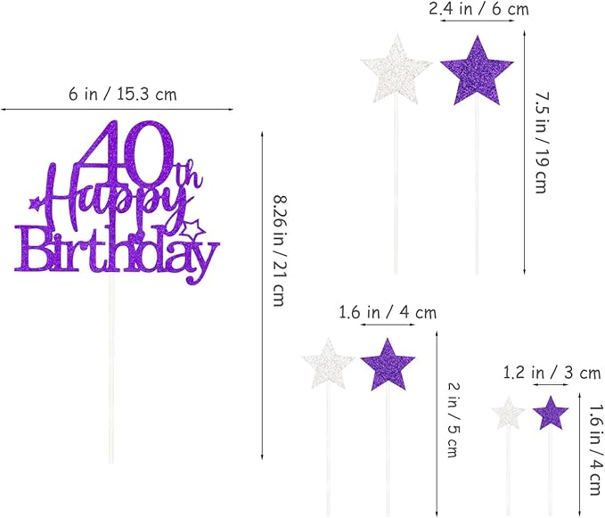 Glittery 40th Happy Birthday Cake Topper with Star,Personalised 40 Birthday Cake Toppers Party Decorations Party Supplies for Men Women Purple Silver