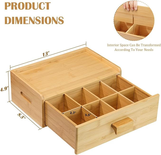 Bamboo Tea Bag Organizer, Slide Drawer Storage Box with 8 Compartments, Eco-Friendly Countertop Holder Display for Teabags, Tea Station Chest, Organizador De Te