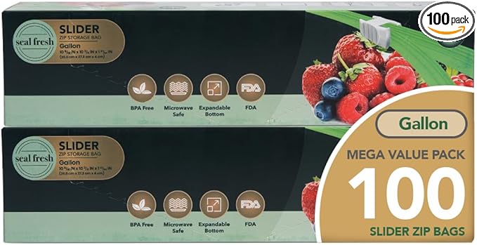 Gallon Slider Storage Bags 100 Pack — Reusable Freezer Bags with Expandable Bottom, BPA Free, Microwave Safe, Clear Gallon Food Storage Bags