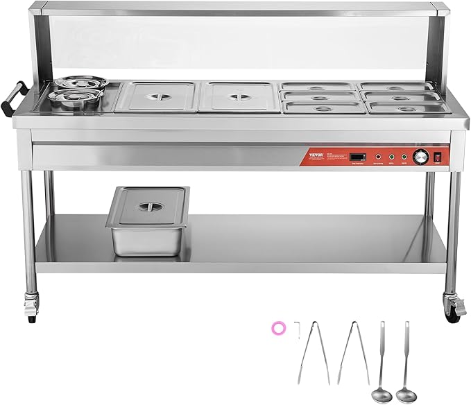 VEVOR Commercial Food Warmer, 8 Pans + 2 Pots Electric Steam Table, 1800W Professional Buffet Catering Food Warmer with Shield Undershelf Wheels, Stainless Steel Server for Party Restaurant