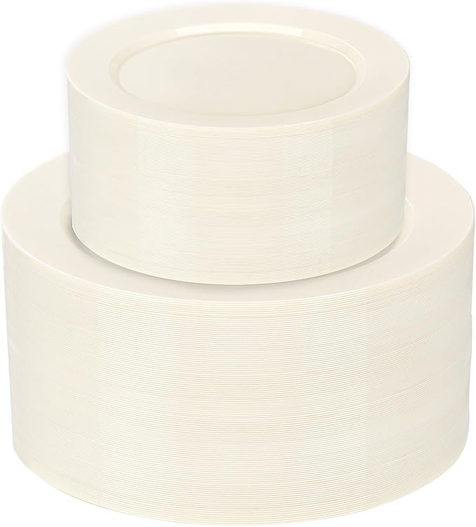I00000 102 Pcs Ivory Plastic Plates, Disposable Party Plates Include 51 Ivory Dinner Plate 10’’ and 51 Plastic Dessert Plate 7’’ Perfect for Birthday, Party & Wedding