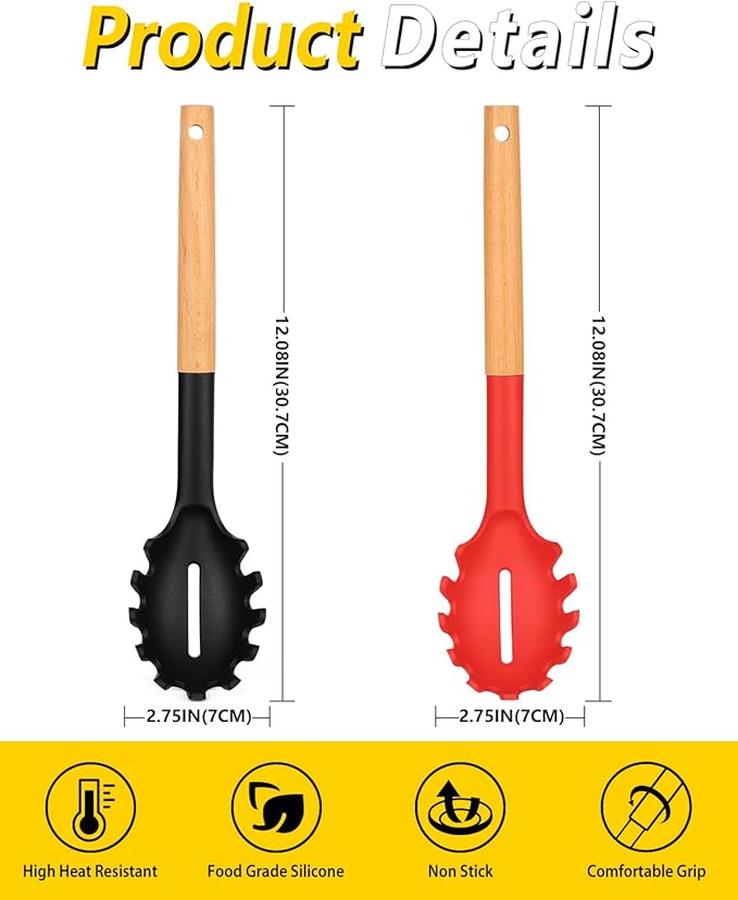 Pack of 2 Spaghetti Spoon, Silicone Pasta Fork with Wooden Handle, Heat Resistant Noodle Spoon Server, BPA Free Spaghetti Strainer(BLACK-RED)