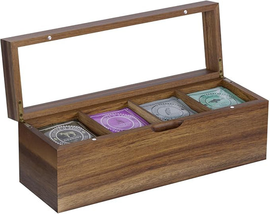 Acacia Wood Tea Bag Organizer, 4 Compartments Tea Box Organizer Storage Box, Teabag Holder Organizers with Clear Acrylic Window, Magnetic Lid and Removable Dividers