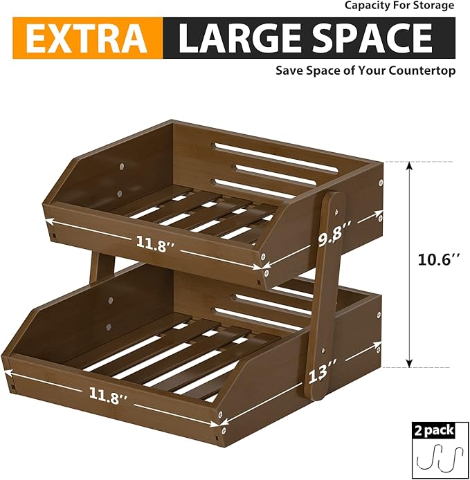 Bamboo Fruit Basket for Kitchen – 2 Tier Fruit Bowl For Kitchen Counter, Large Fruit Holder With 2 Banana Hangers, Idea For Fruit and Vegetable Storage, Bread Basket, Snack Organizer(WALNUT)