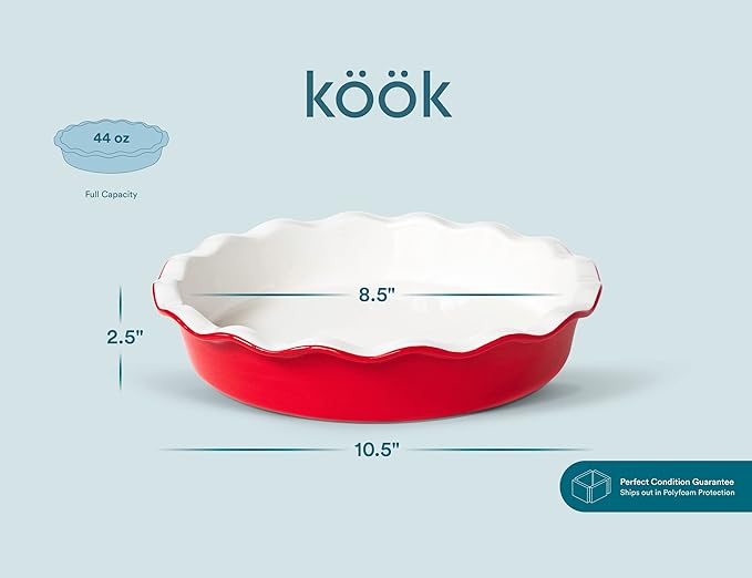 KooK Pie Dish, Pie Pan, Quiche Baking Dish, Ceramic Round, Deep Baking Dish, for Cakes, Tart, Microwave, Oven, Dishwasher Safe, 44 Oz, (Cherry)