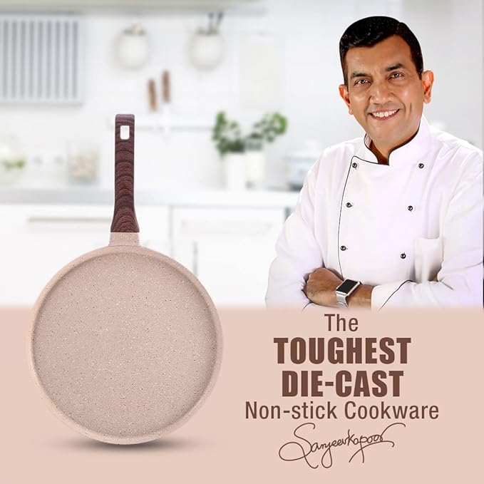 Wonderchef Duralife Die-cast 28 cm Dosa Tawa 5 Layer Healthy Duramax Non-Stick Coating Soft Touch Handle Pure Grade Aluminium PFOA Free 2 Year Warranty MediumIvory