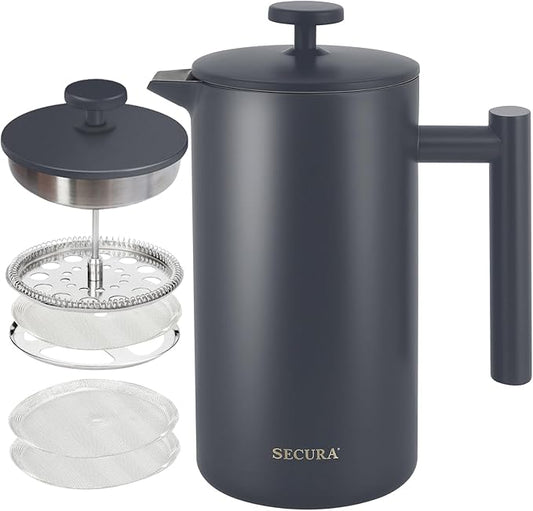Secura French Press Coffee Maker, 304 Grade Stainless Steel Insulated Coffee Press with 2 Extra Screens, 34oz (1L), Grey