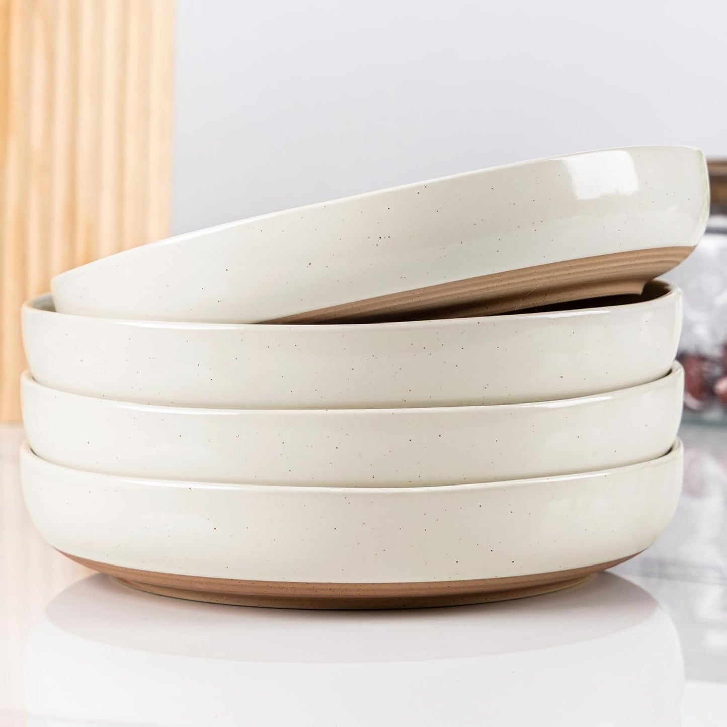 AmorArc 8.75'' Large Ceramic Pasta Bowls, 36oz Handpainted Stoneware Bowls Set of 4, Microwave&Dishwasher Safe Bowls with Wavy Rim&Rustic Terracotta Underside for Pasta Salad, Light Beige