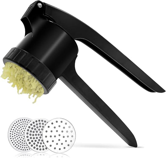 LHS Potato Ricer, Potato Masher for Potatoes with 3 Interchangeable Discs, Large Capacity Potato Masher and Ricer Kitchen Tool for Fruit, Vegetables, Baby Food, Black