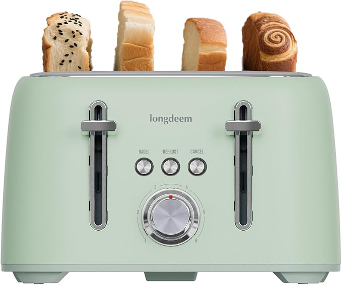 4-Slice Toaster 1.5" Extra Wide Slot Stainless Steel with High Lift Lever, 6 Presets & Bagel/Defrost/Cancel Function, Removal Crumb Tray, Under Base Cord Storage, Green