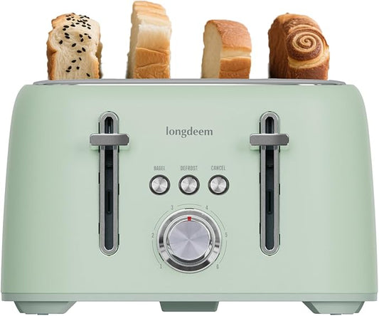 4-Slice Toaster 1.5" Extra Wide Slot Stainless Steel with High Lift Lever, 6 Presets & Bagel/Defrost/Cancel Function, Removal Crumb Tray, Under Base Cord Storage, Green