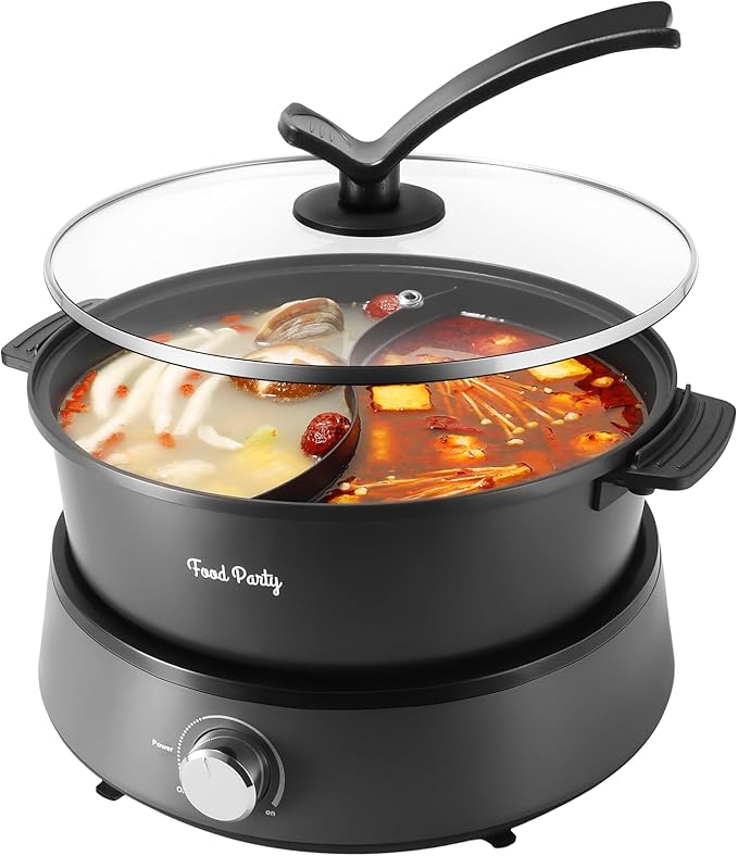 Food Party Hot Pot Electric Upgraded Separable Shabu Shabu Pot with Divider Hotpot Pot Electric Cooker Dual Sided 110V 1350W Non-Stick 5L Fondue Pot for 2-6 People
