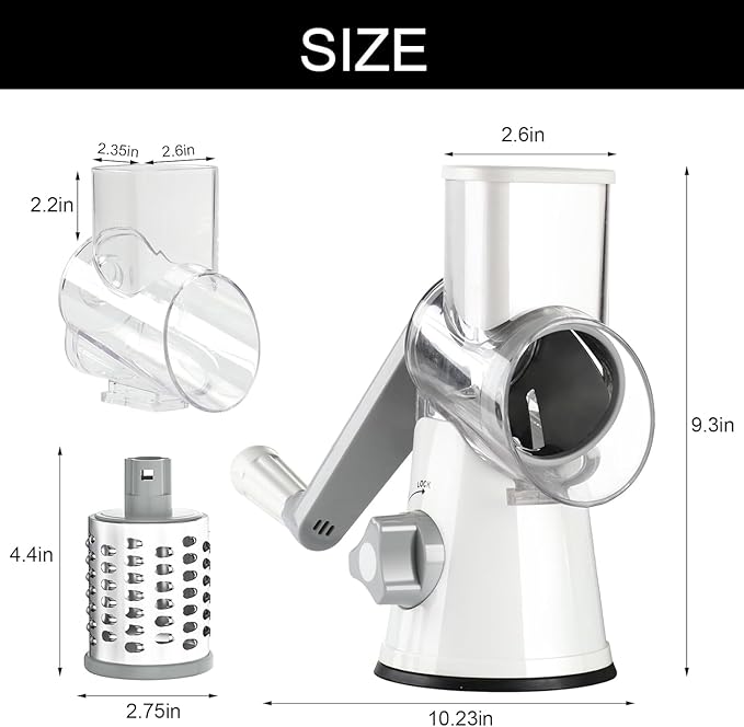 Cambom Rotary Cheese Grater Hand Crank Cheese Shredder for Fresh Cheese, Vegetable, Nuts,Non-slip Suction Base, Free Cleaning Brush Three Blades, White