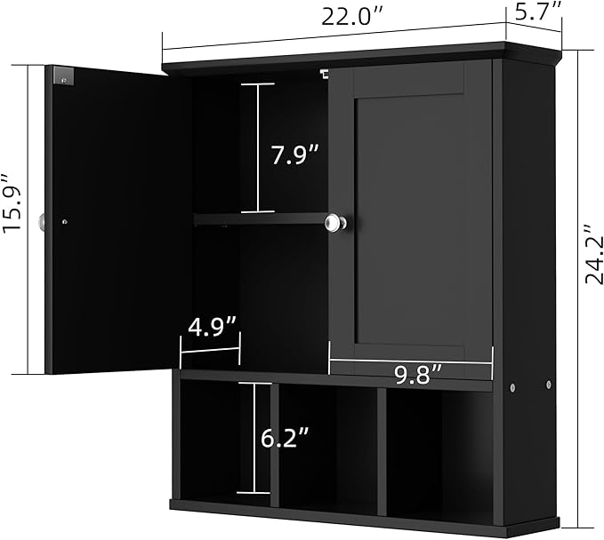Shintenchi Bathroom Wall Cabinet with Door, Storage Organizer Over The Toilet Medicine, Space Saving with Adjustable & Open Shelf, Black