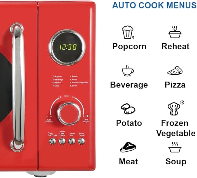 Emerson MWRG0901RD Retro Compact Countertop 800W Microwave Oven with 1,000W Grill Function, LED Display 5 Power Levels, 8 Auto Menus, Glass Turntable and Child Safe Lock, 0.9 Cu. Ft, Red