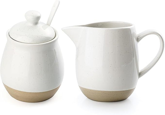 famiware Milkyway Ceramic Sugar and Creamer Set, 10oz Sugar Bowl & 13oz Creamer Set – Stoneware Milk Pitcher & Sugar Dispenser for Coffee Bar, Kitchen, or Countertop, Coffee Serving Set, White