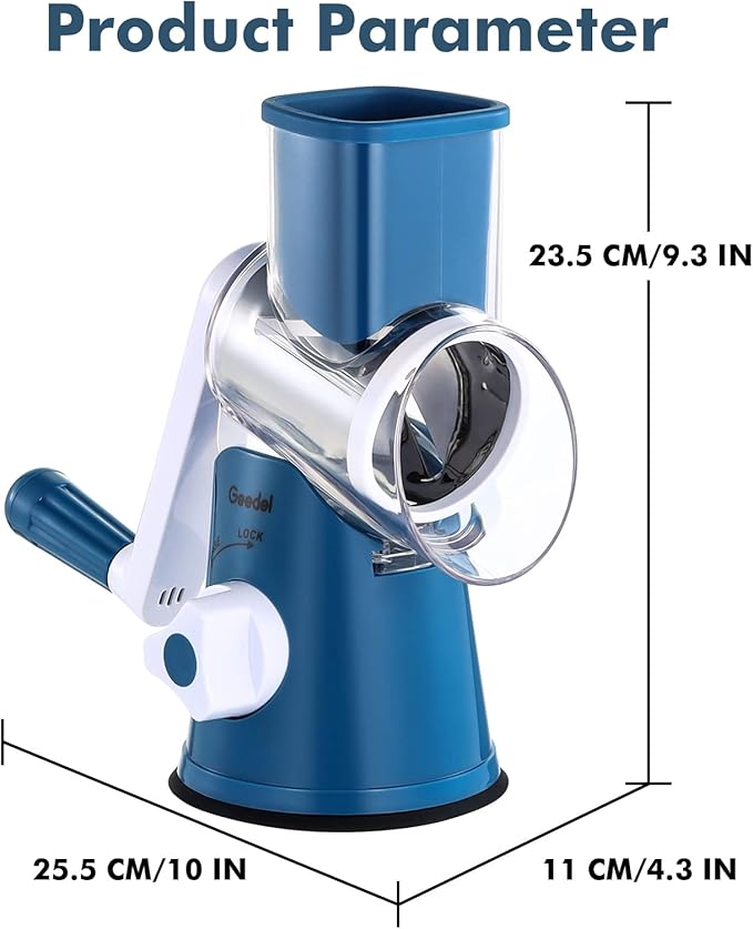 Geedel Rotary Cheese Grater, Kitchen Mandoline Vegetable Slicer with 3 Interchangeable Blades, Easy to Clean Rotary Grater Slicer for Fruit, Vegetables, Nuts