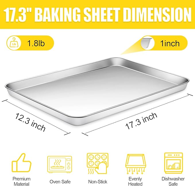 Baking Sheet, Cookie Sheet, Stainless Steel Baking Pan, 2 Piece-17.3''x 12.3'' x 1'', Half Sheet Pan for Oven, Baking Tray for Baking&Roasting, Nonstick&Nontoxic&Easy Clean