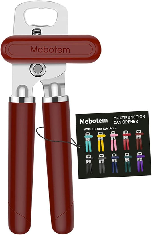 10 Colors Can Opener Manual Handheld Heavy Duty Hand Can Opener Smooth Edge Stainless Steel Can Openers Top Lid Kitchen Gadgets, Best Large Rated Easy Turn Knob, with Bottle Opener, Burgundy