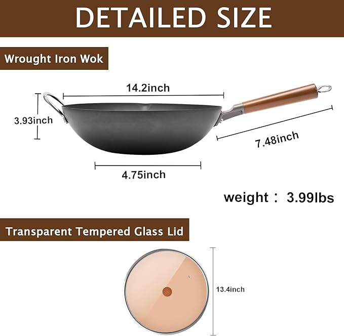 WANGYUANJI Iron Wok,14.2 inch Woks for Stir-fry, Chinese Stir Fry Pan Uncoated, Traditional Flat Bottom Iron Pot for Induction, Electric, Gas, Suitable for All Stoves(Pure Iron Wok)