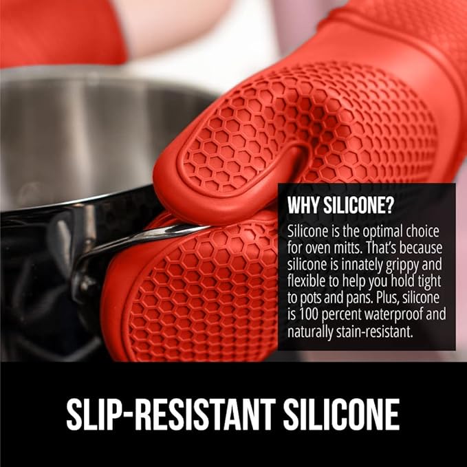 GORILLA GRIP BPA-Free Soft Silicone Oven Mitts, 14.5x8.3, Heat Resistant and Waterproof Cooking Gloves, Thick Cotton Lining, Flexible Gripping for Baking Grilling, Kitchen Potholders Set of 2, Coral