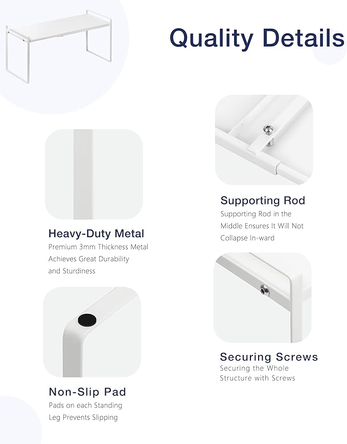 Nxconsu Expandable Cabinet Shelf Organizer Riser for Kitchen Pantry Cupboard Under Sink Countertop Home Storage Organization Rack Space Saver Freestanding Heavy Duty Nonslip Stackable White Large