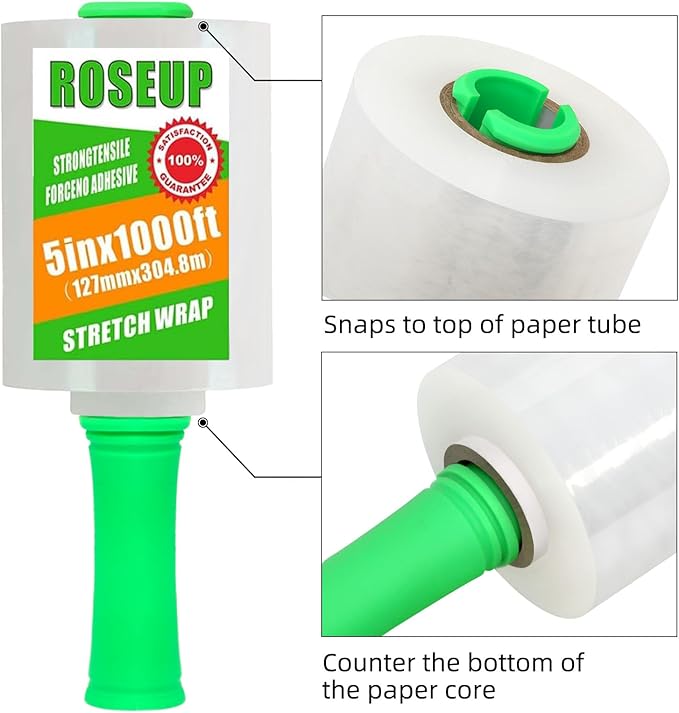 ROSEUP Clear Stretch Wrap Film 5" x 1000ft Roll with Handle, 80 Gauge Thick Cling Plastic Wrap for Moving, Pallet Wrap, Self Adhering Packaging Heavy Duty Shrink Film, 4 Pack