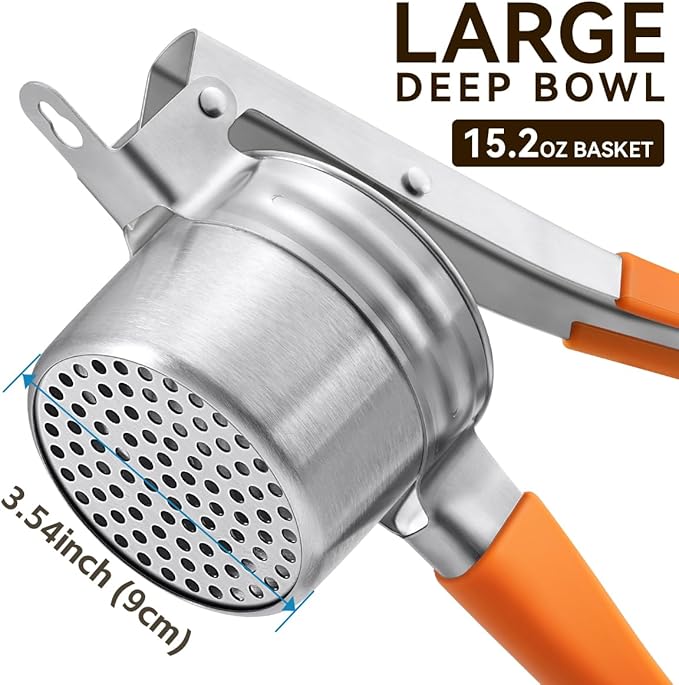 Potato Ricer, AMOHEE 15oz/425g Large Stainless Steel Potato Masher Upgrade Heavy Duty Design with Anti-Slip Handle Ricer for Mashed Potatoes & Food Press for Fruits, Carrots, Yams, Orange