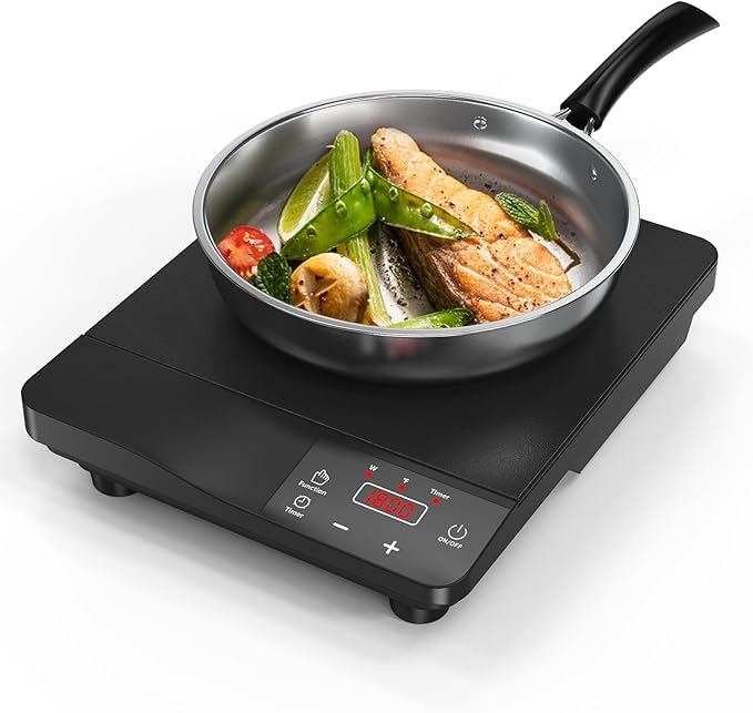 Portable Induction Cooktop 1800W,110V Single Burner Induction Burner & Fry Pan, Hot Plate Stove Electric Burner LED Touch Control & 4H Timer, 8 Power 8 Temperature Setting for Cooking