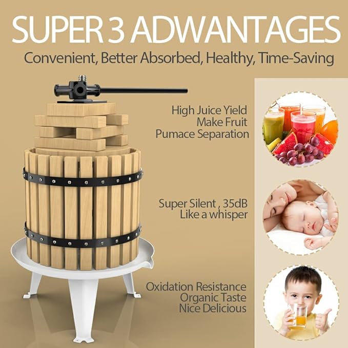 SQUEEZE master Fruit Press-3.17 Gallon/12L-Solid Wood Basket Wine Press-Vintage traditional juicer-6 Press Wooden Blocks-Pole Handle Bar for Juice,Wine,Cider-1 free filter bag included