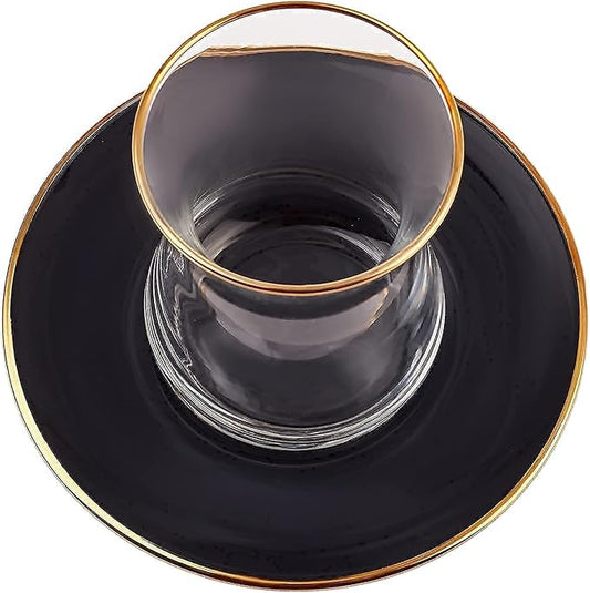 KARACA Retro Anthracite Tea Set for 6, 6 Turkish Tea Glasses, 12 Pcs, Gold Decal Details