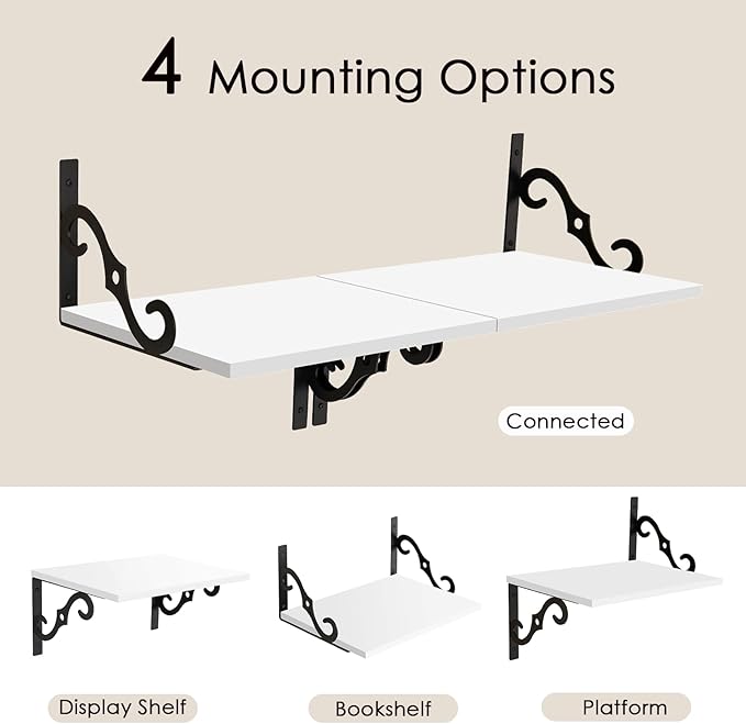 DINZI LVJ Deep Floating Shelves, 16" W x 12" D Wall Shelves Set of 2, Wide Display Shelf Wall Mounted with Brackets, Easy-to-Install Wall Bookshelf for Living Room, Bathroom, Bedroom, White