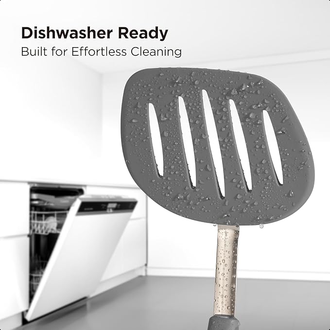 Kitchen Mama WaltzGrip Platinum Silicone Pancake Spatula Turner: Heat Resistant Flexible, Stainless Steel Core, Nonstick, Dishwasher Safe, Flipper – Ideal Kitchen Cookware Egg, Fish, Meat (Metal Gray)