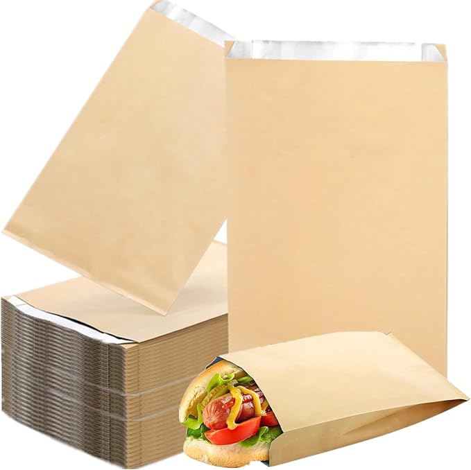 150 Pack Foil Sandwich Wrappers, 4 LB Insulated Hot Dog Wrap Pouch, Grease Resistance Paper Hamburgers Bags for Breakfast Lunch, Fast Food Truck, Serving, BBQ, Brown