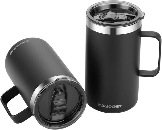 KXIAOCHEN 20oz Insulated Coffee Mug with Lid, Stainless Steel Coffee Cup, Double Wall Vacuum Coffee Tumbler with Handle, Premium Thermal Travel Coffee Mug (Black 2Pack)