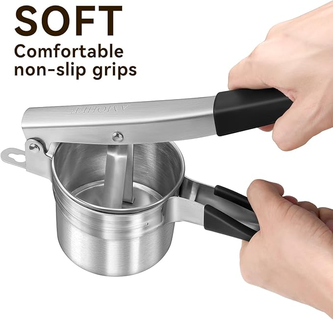 Potato Ricer, AMOHEE 15oz Stainless Steel Potato Masher Upgrade Heavy Duty Design with Anti-Slip Handle Ricer for Mashed Potatoes, Carrots, Yams, Black