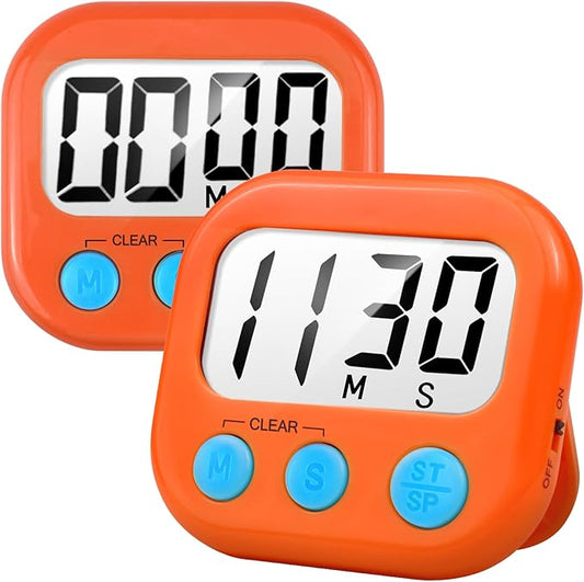 2 Pack Digital Kitchen Timer for Cooking Big Digits Loud Alarm Magnetic Backing Stand Cooking Timers for Baking Orange