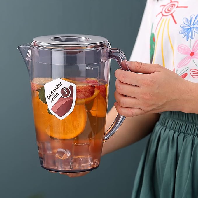 HOMQUEN Plastic Pitcher with 3 Cup, 60 Oz/1.8L Water Pitcher with Lid, Iced Tea Pitcher, Water Carafe, Jar Pitcher, Water Jug with Handle for Tea, Juices, Milk, Cold or Hot Beverages (Gray)