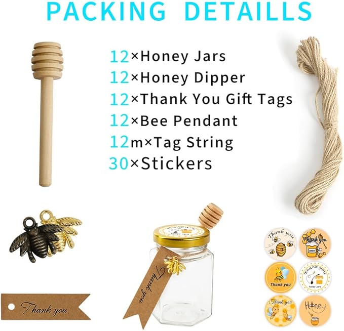12 Pack 4oz Glass Hexagon Honey Jars Golden Lids - Extra Wooden Honey Dipper Sticks, Bee Charms, Tag String, Thank You Gift Tags, Stickers (Bronze 12 Sticker)