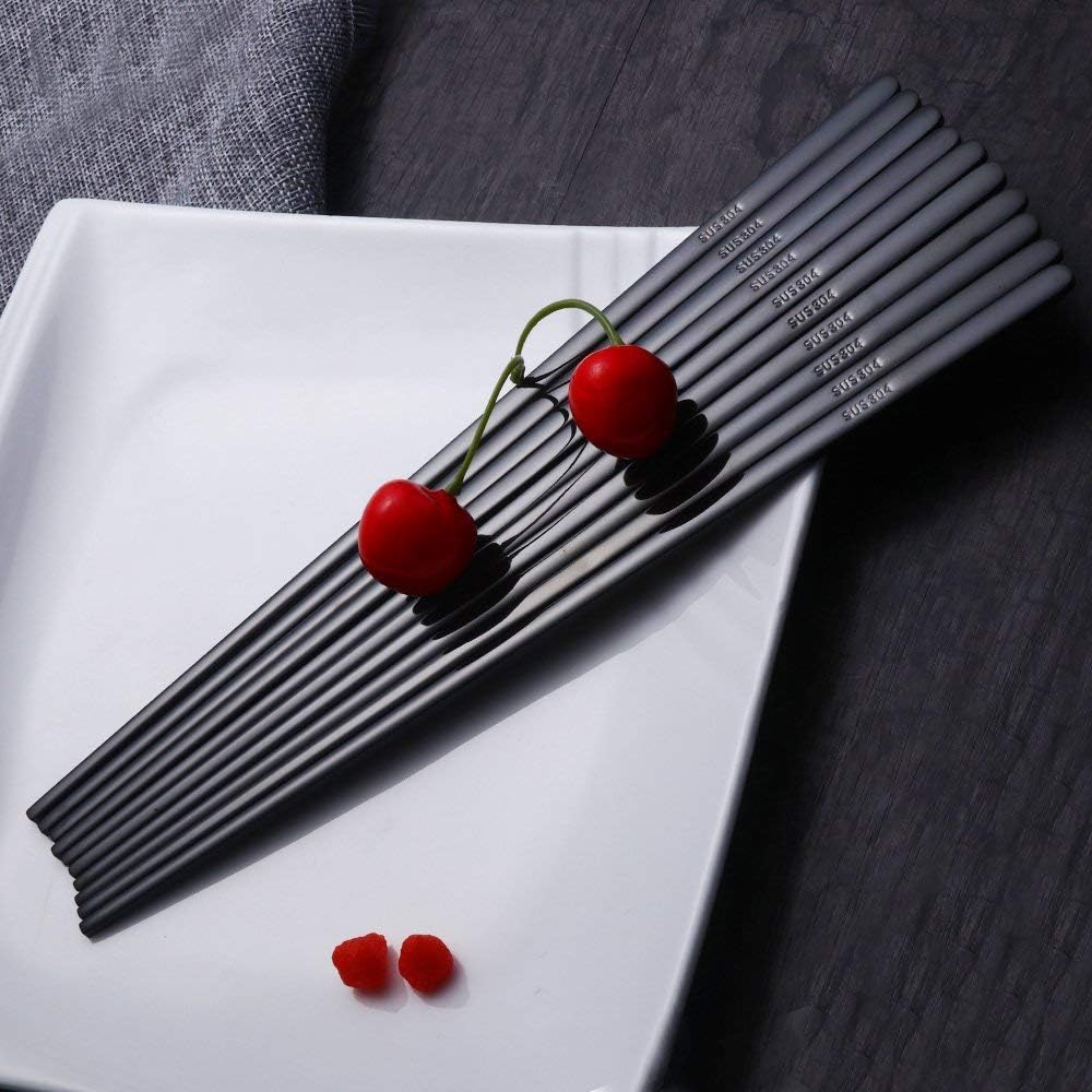 Buyer Star 5 Pairs Black Flat Reusable Metal Chopsticks - Stainless Steel Chinese Set With Case