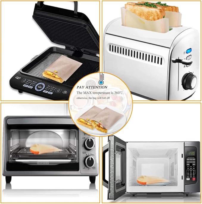 Toaster Bags Reusable for Grilled Cheese Sandwiches | Safest On The Market - 100% BPA & Gluten Free | Non Stick Toast Bag (10PCS)
