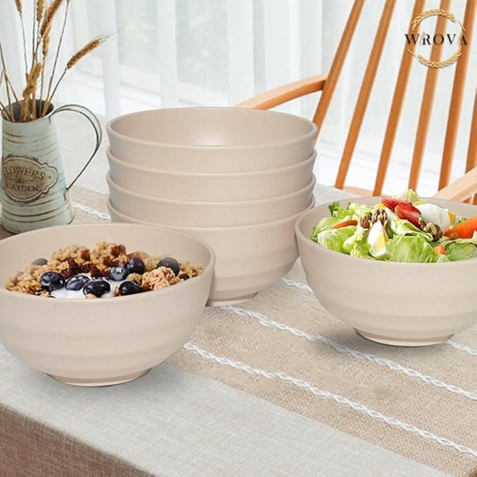 Wheat Straw Bowls Set 60 OZ, Unbreakable Large Beige Bowls Set of 6, Microwave & Dishwasher Safe Big Cereal Bowl for Picnic and Party BPA Free Salad Bowl for Serving Oatmeal and Popcorn (Beige)