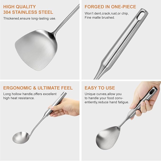 304 Stainlss Steel Kitchen Utensils Set, 12 Pcs Long Metal Utensils Set with Potato Masher, Spoon, Ladle, Skimmer, Turner, Pasta Server, Tongs etc(Dishwasher Safe)