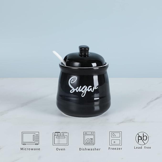 HAOTOP Farmhouse Porcelain Sugar Bowl with Lid and Spoon 12oz,Easy to Clean (Black)