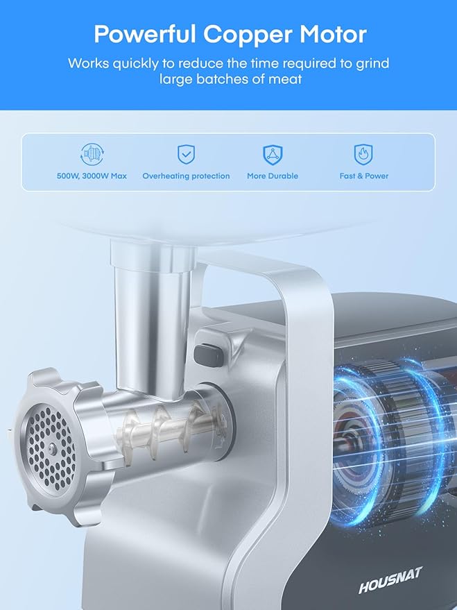 Meat Grinder Heavy Duty, 3000W Max Ultra Powerful, 5 in 1 HOUSNAT Multifunction Electric Meat Grinder, Sausage Stuffer, Slicer/Shredder/Grater, Kubbe & Tomato Juicing Kits, Home Kitchen Use