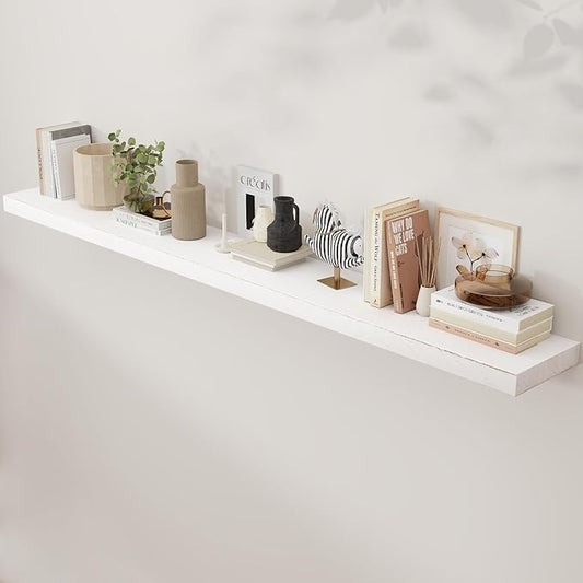 Rustic Elm Wood Floating Shelves - 72'' W x 8" D Wall Mounted Mantel Shelf with Invisible Bracket, Large Long Storage Shelves for Living Room, Bedroom, Kitchen, Bathroom, White Wash