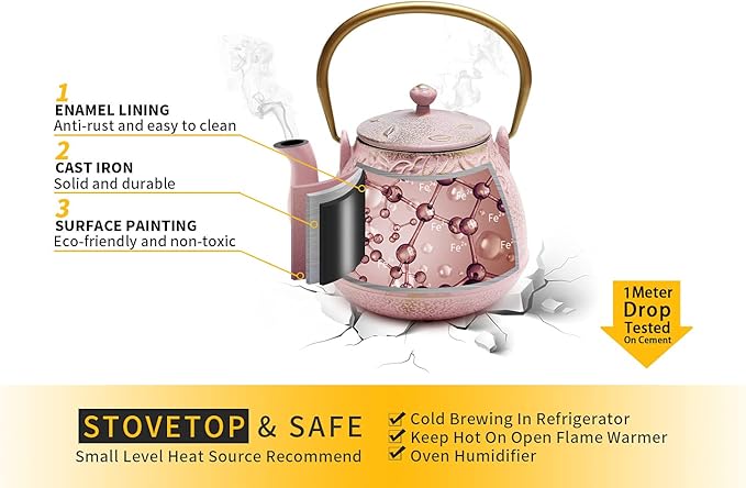 TOPTIER Japanese Cast Iron Teapot with Infuser, Stovetop Safe, Leaf Design Tea Kettle, Enameled Interior, 32 Ounce (950 ml), Blush Pink